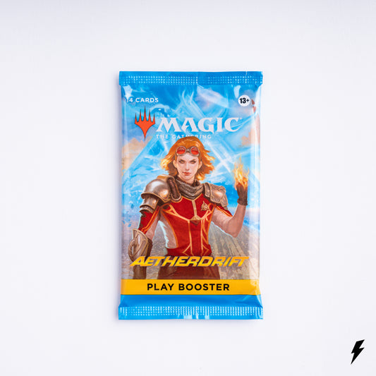 Aetherdrift Play Booster Pack Magic The Gathering sealed 14 card pack featuring red haired mage casting fire in bright blue sky background