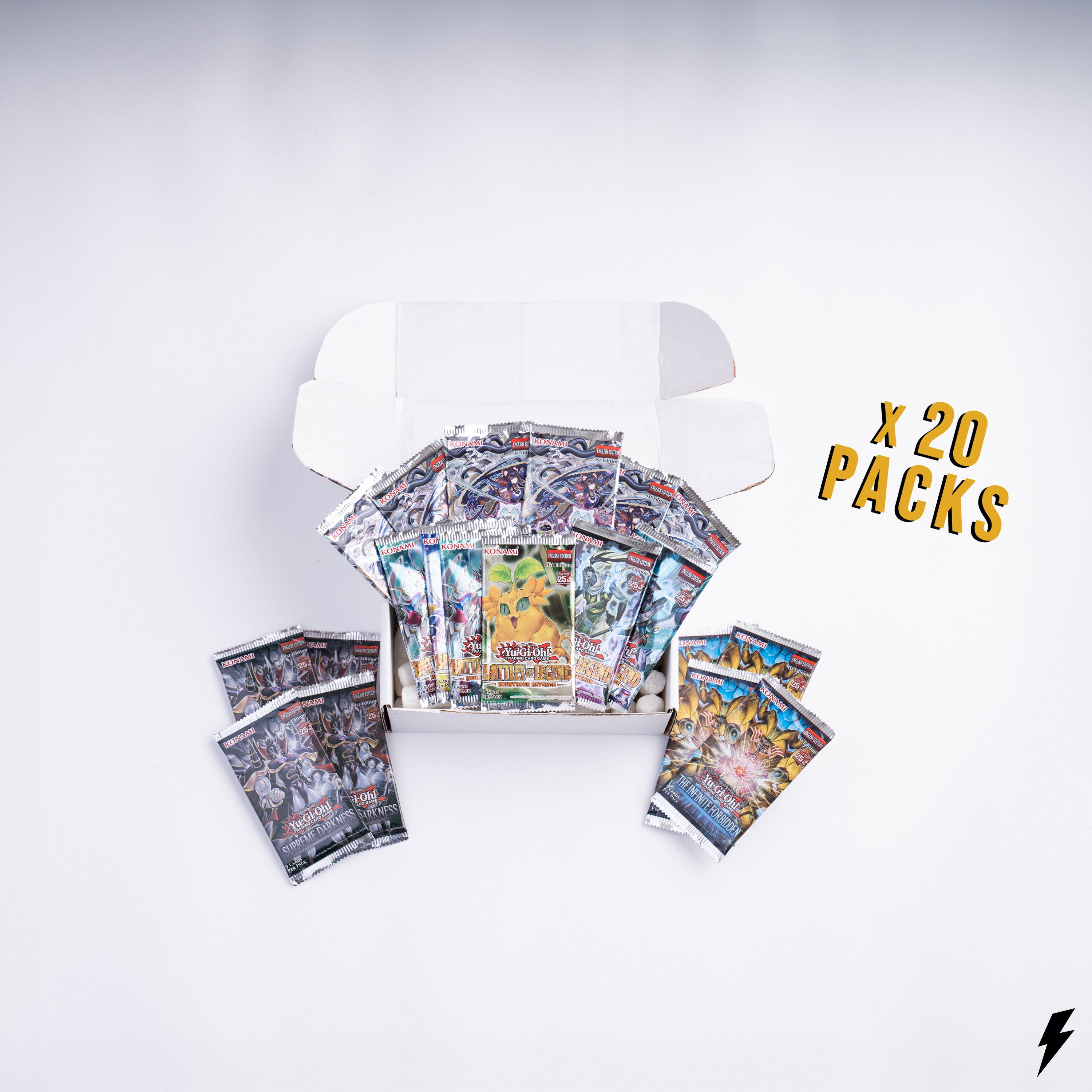 Booster Crate Duelist 20 pack Yu-Gi-Oh bundle with assorted booster packs including Supreme Darkness The Infinite Forbidden and Battle of Legend