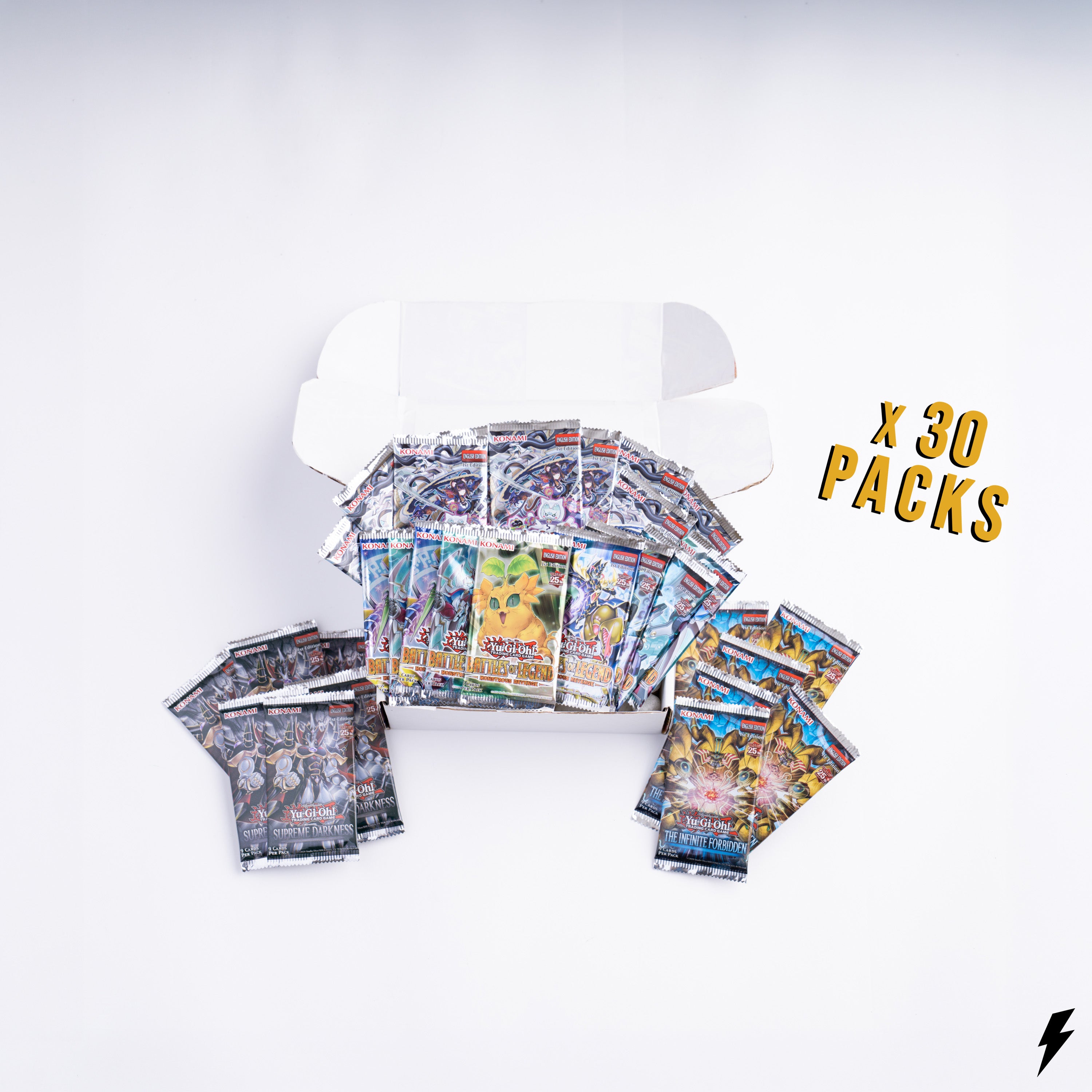 Booster Crate Duelist 30 pack Yu-Gi-Oh booster bundle featuring a mix of packs including Supreme Darkness The Infinite Forbidden and Battle of Legend