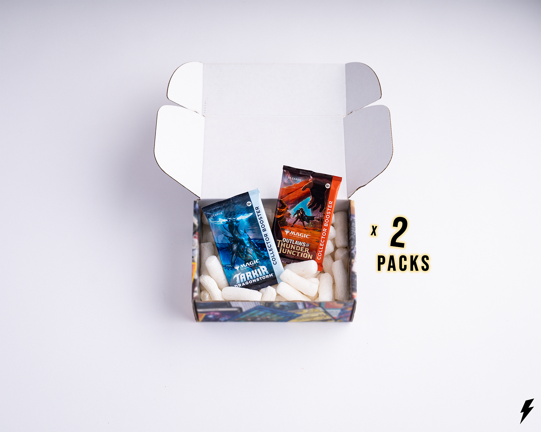 Open Booster Crate box containing 2 Magic: The Gathering Collector Boosters from mixed sets, displayed with “x 2 Packs” text on the right.