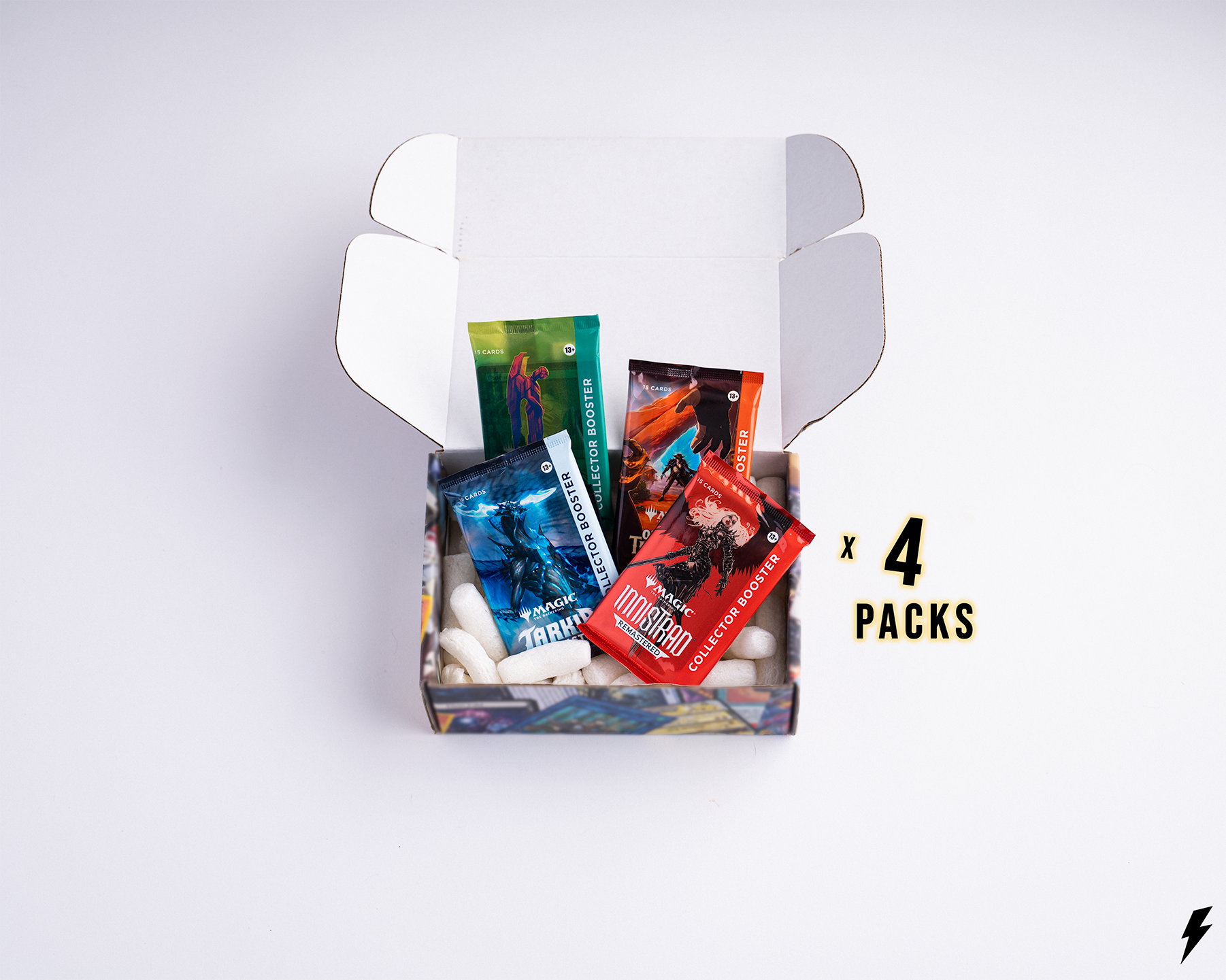 Open Booster Crate box containing 4 Magic: The Gathering Collector Boosters from mixed sets, displayed with “x 4 Packs” text on the right.