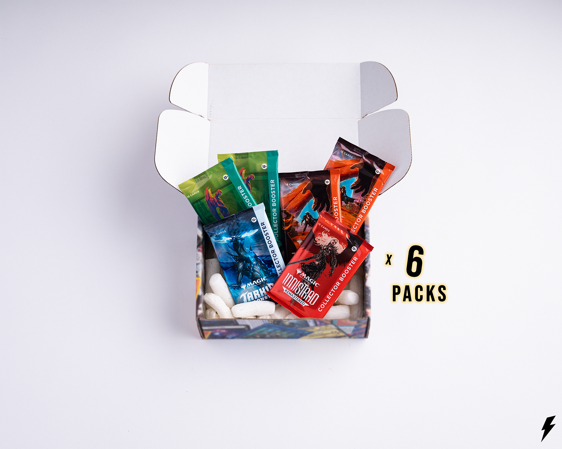 Open Booster Crate box containing 6 Magic: The Gathering Collector Boosters from assorted sets, displayed with “x 6 Packs” text on the right.