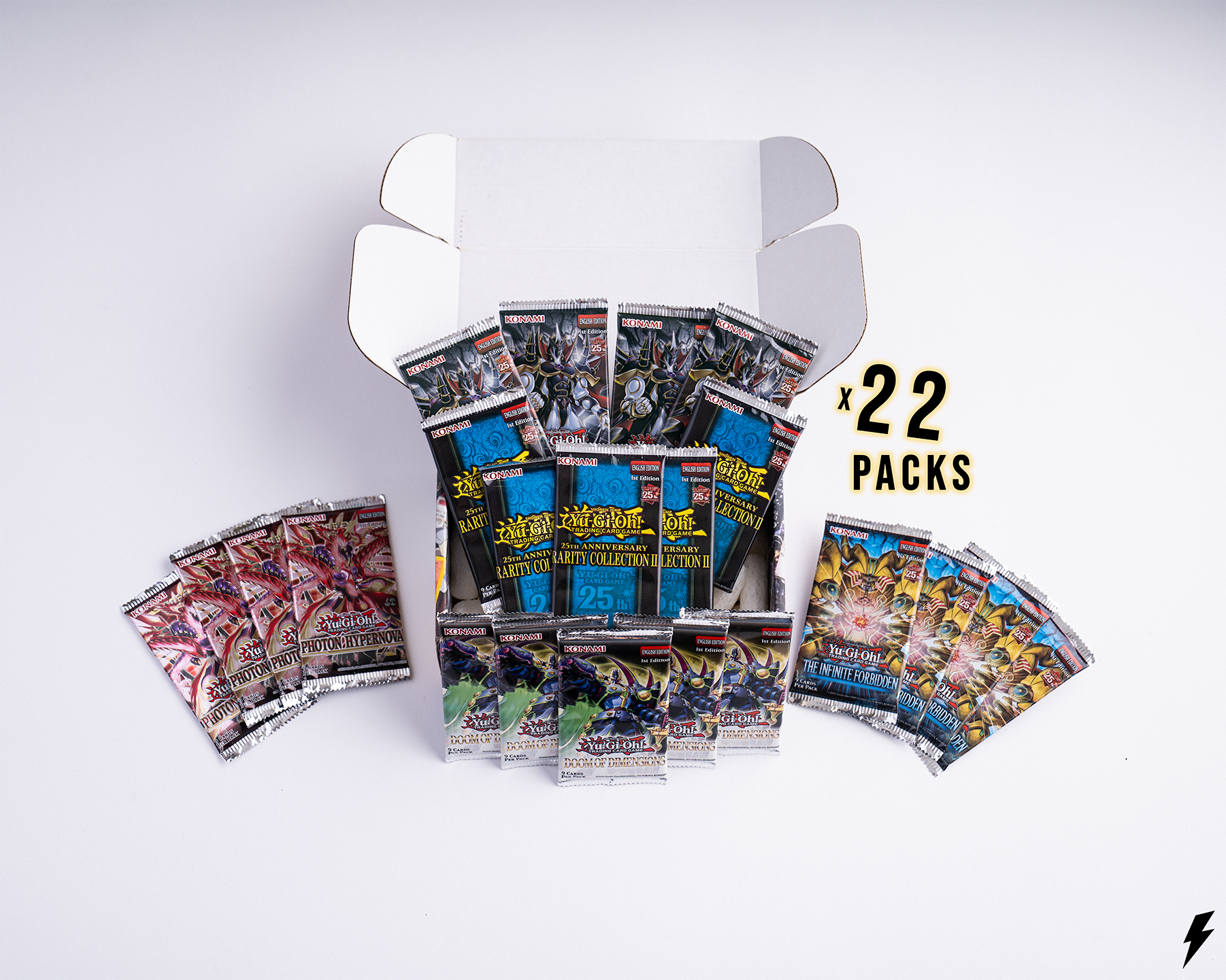 Open Booster Crate box containing 22 Yu-Gi-Oh! booster packs from assorted sets, arranged around the box with “x 22 Packs” text on the right.